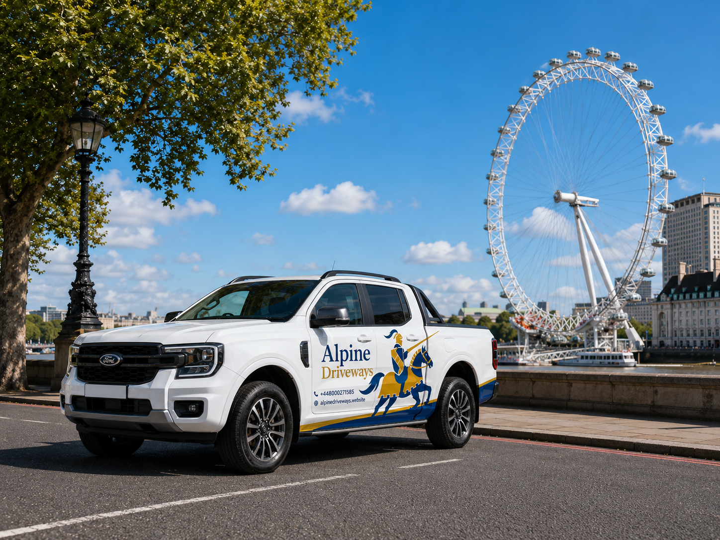 Alpine Driveways branded pickup truck on a central London road, with the London Eye in the background